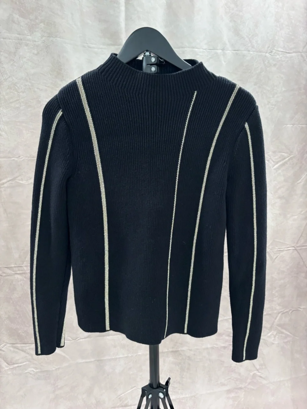 Reiss Black Ribbed Mock Neck Sweater with Silver Contrast Piping